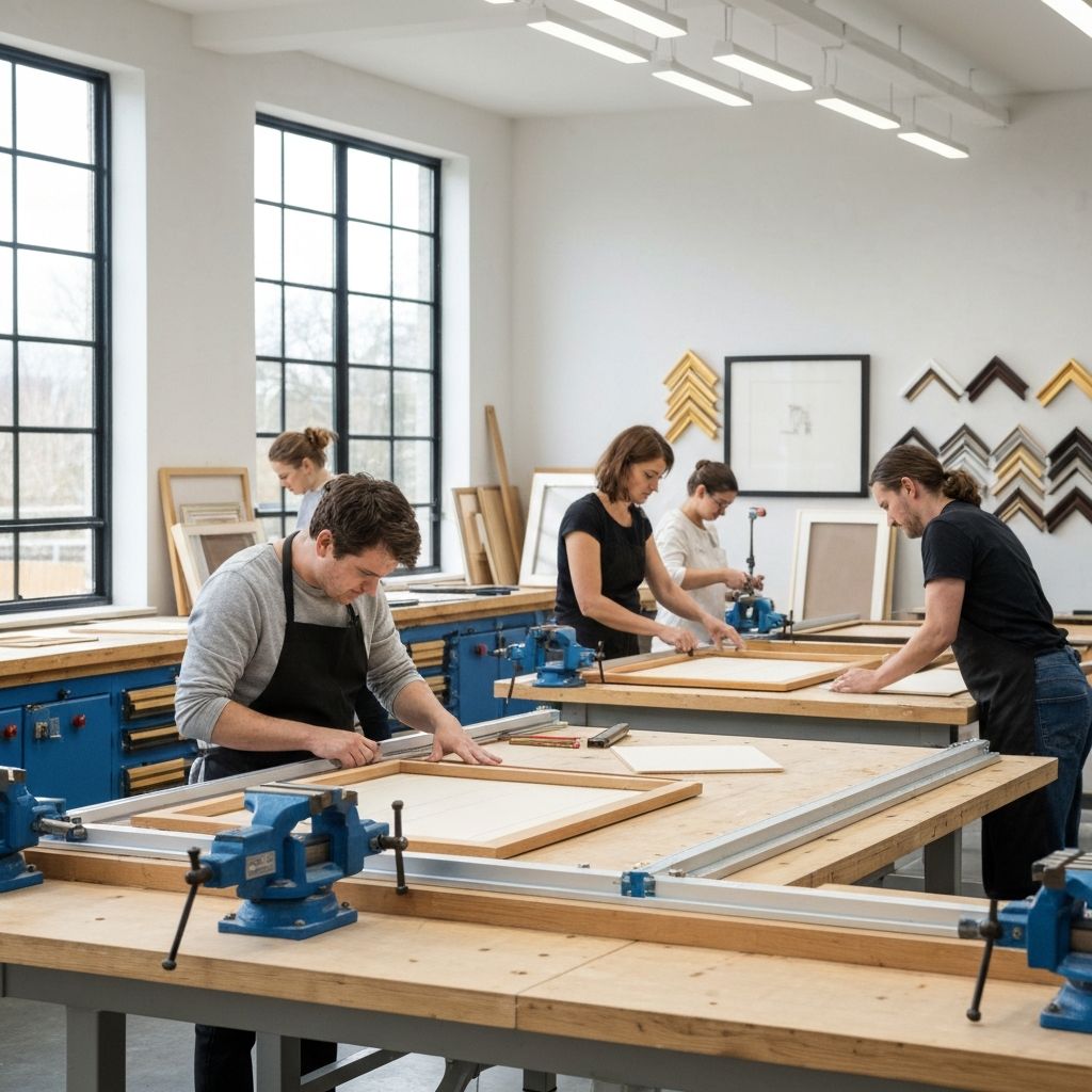 Handgefertigte Rahmen mit Passepartout und Glas in einer modernen Werkstatt