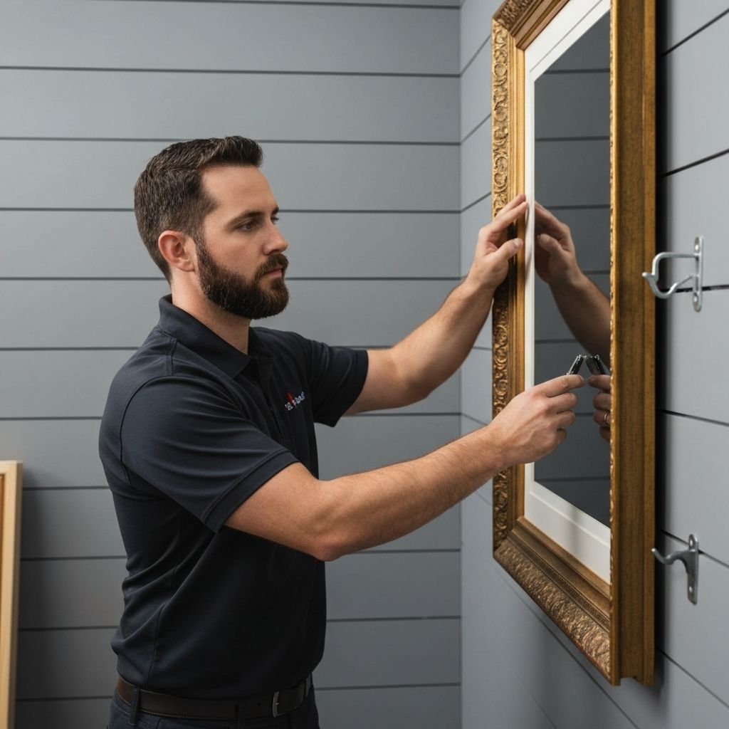 Thomas Berner hilft beim sicheren Aufhängen eines großformatigen Rahmens an einer Werkstatt-Wand