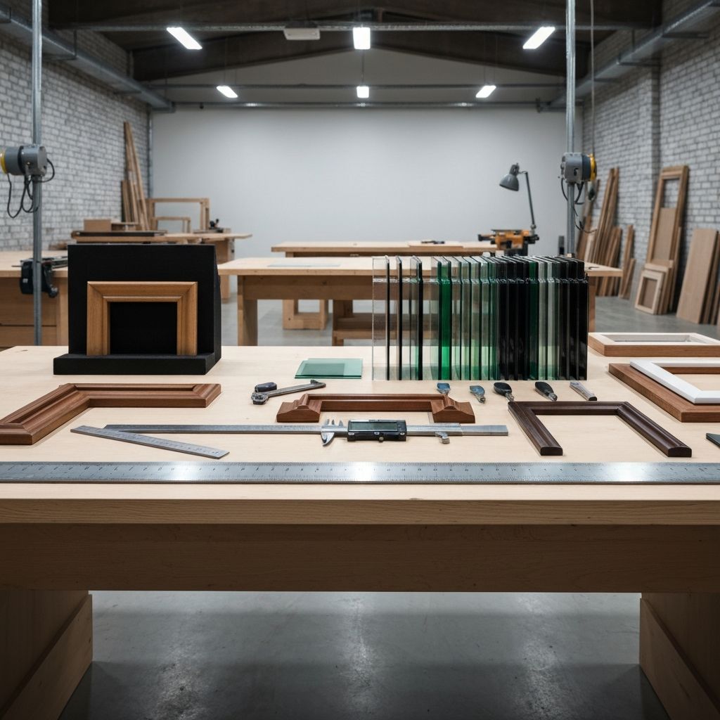 Ein sauberes Werkstatt-Arbeitsplatz mit Messinstrumenten, Rahmenmustern und Materialmustern